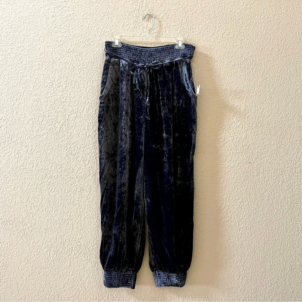 ANTHROPOLOGIE Gloria Jogger Pants Crushed Velvet Baggy Cozy Navy Blue Large NWOT - Picture 4 of 14